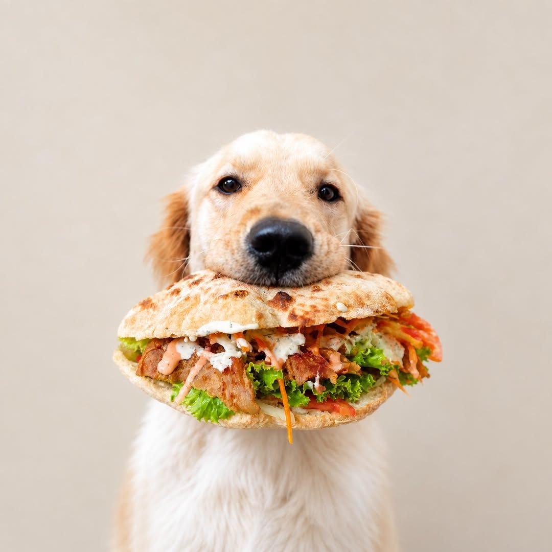 Un golden retriever tient un kebab garni dans sa gueule